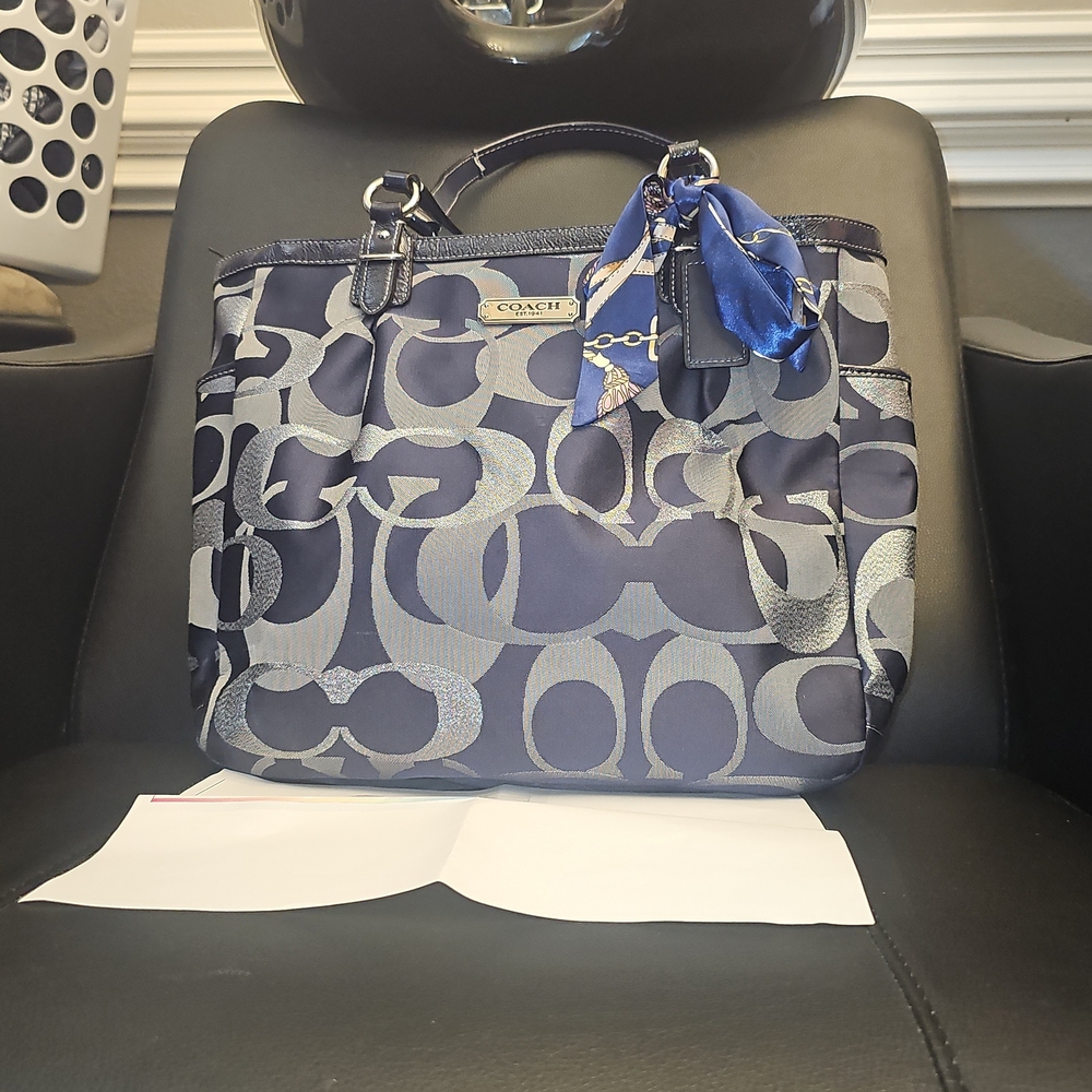 Coach Blue and Silver Signature Tote With COA